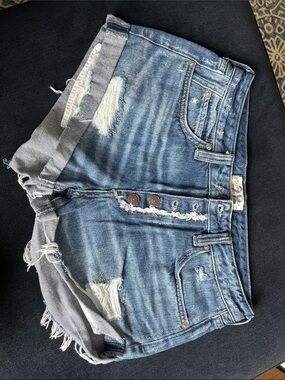 We The Free Light Blue Distressed Denim Button-Front Shorts